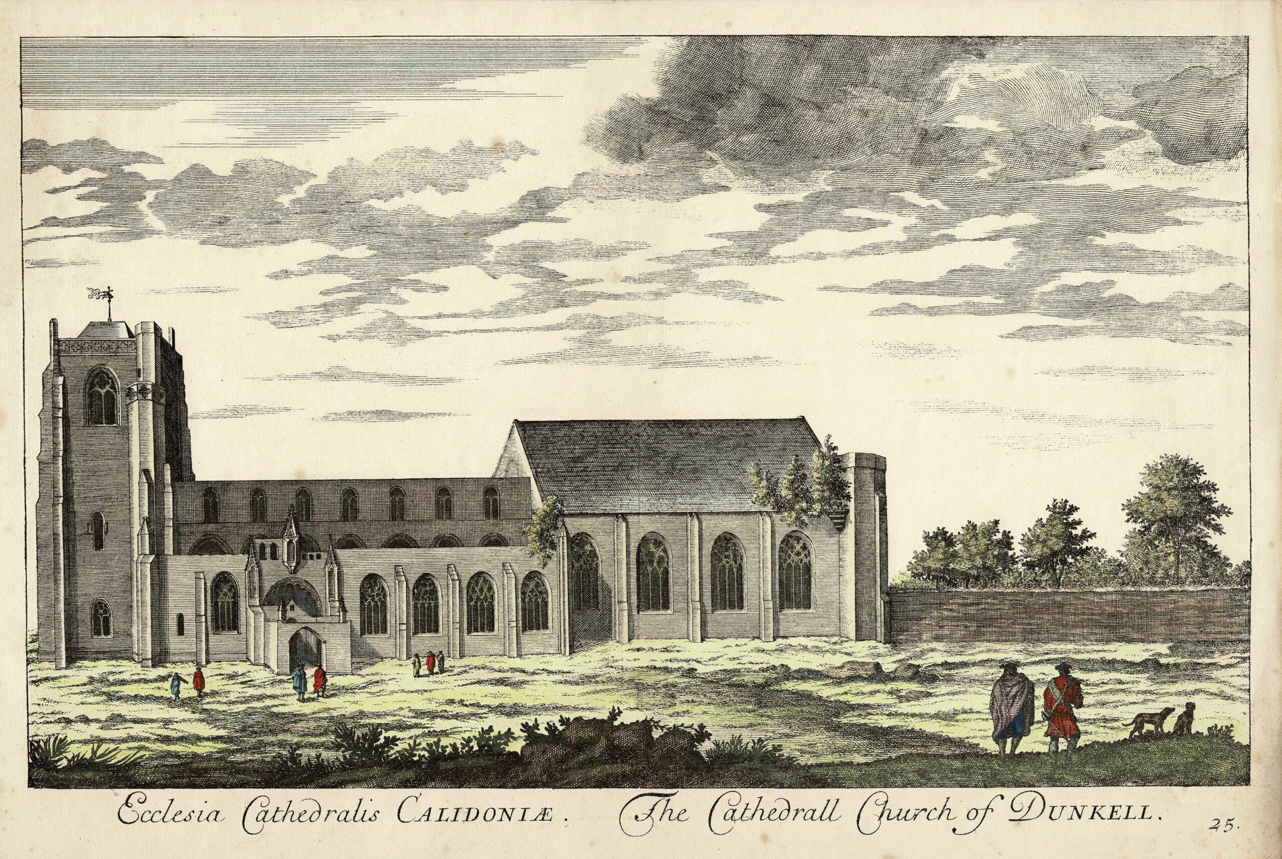 Dunkeld, Dunkeld Cathedral. View of Dunkeld Cathedral from South copied from 'Theatrum Scotiae' by John Slezer. Titled: 'Ecclesia Cathedralis CALIDONIAE. The Cathedrall Church of DUNKELL. 25'