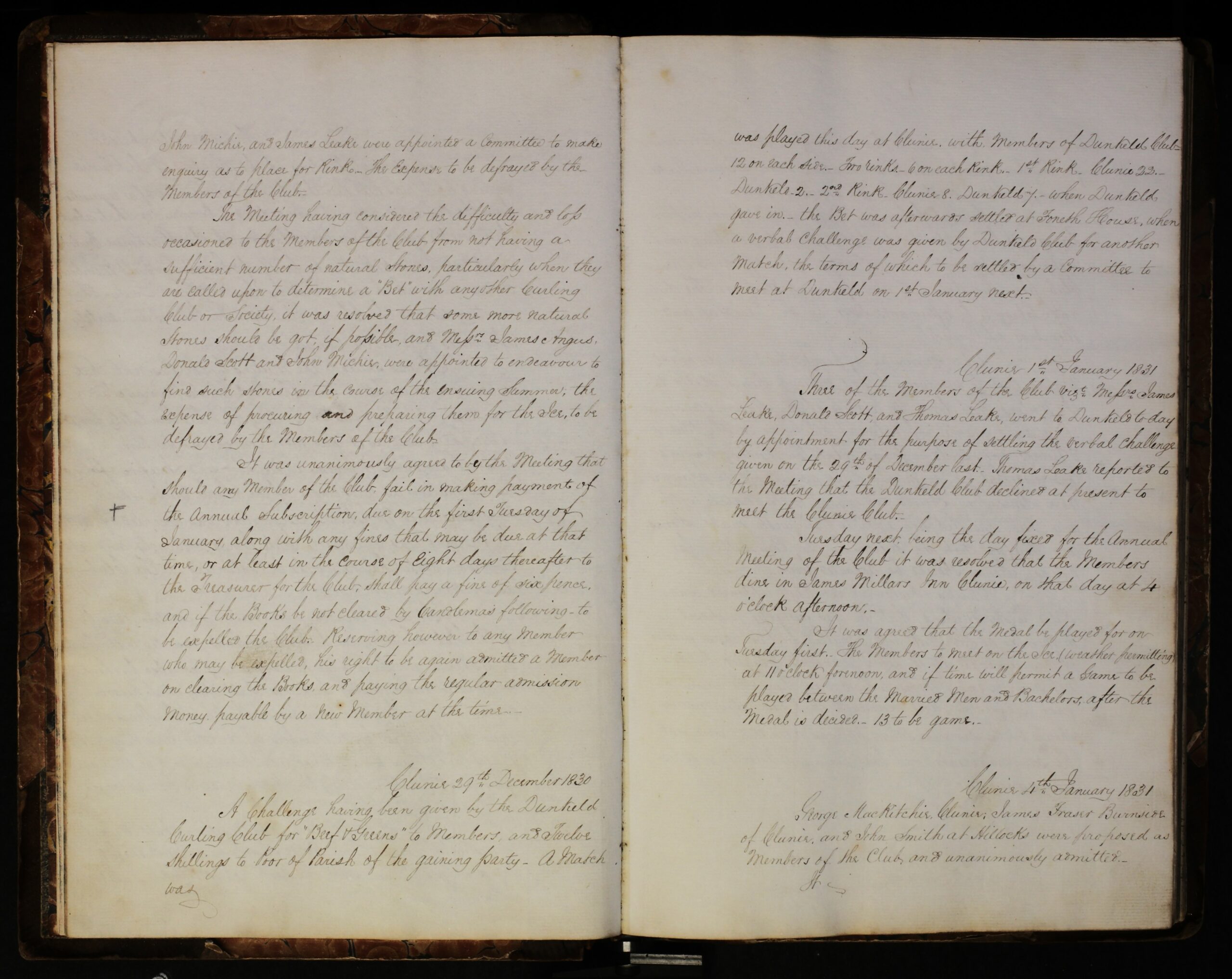 A photograph of the Curling Club Minute Book. This page focuses on a curling match and its consequences between Clunie and Dunkeld.